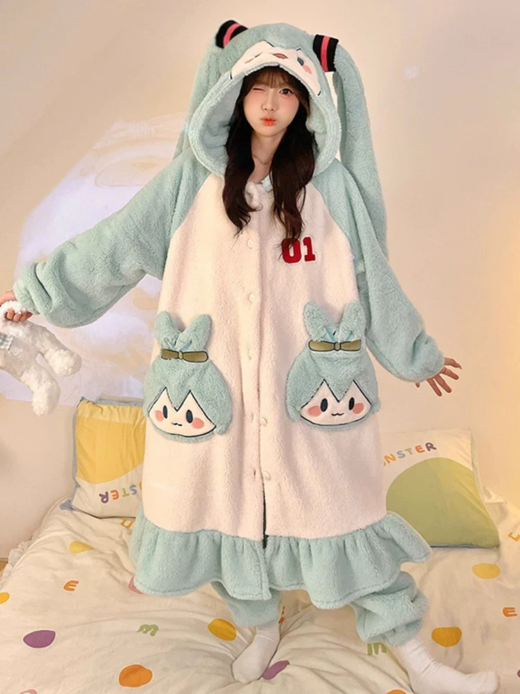 Fanmade Hatsune Miku Coral Fleece Bathrobe – Thick Warm Long Cartoon Loungewear - Image 5
