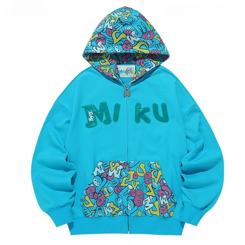 Official Licensed Hatsune Miku Patchwork Camo Zip-Up Hoodie – Lightweight Spring/Fall Jacket - Image 3