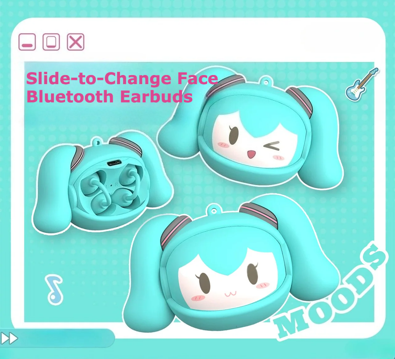 Official Hatsune Miku Clip-on Bluetooth Headphones, Slide-to-Change Face Open-Ear Earbuds with Cute Miku Expressions - Image 3