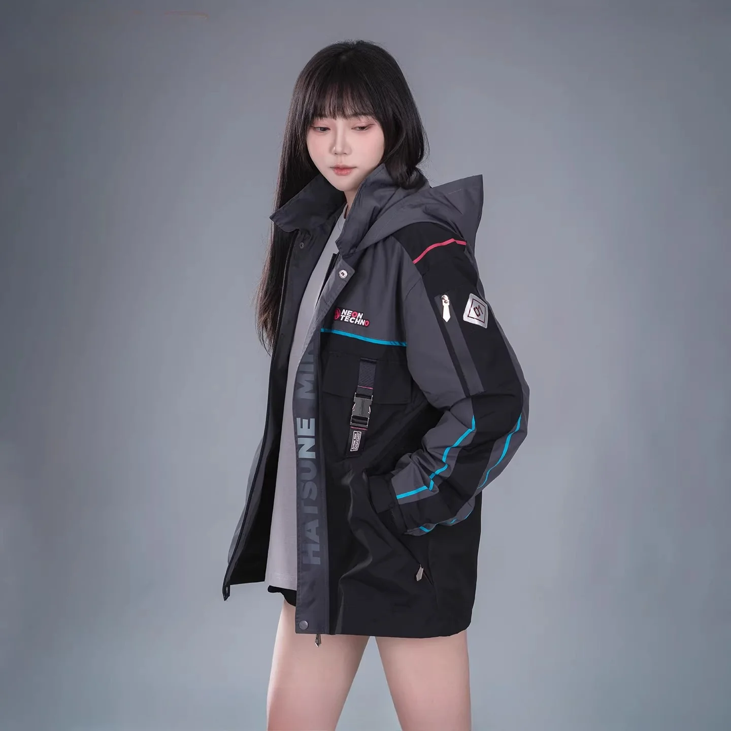 Official Hatsune Miku Neon Electronic Music Series Techwear Hooded Jacket β Casual Windbreaker Coat - Image 3