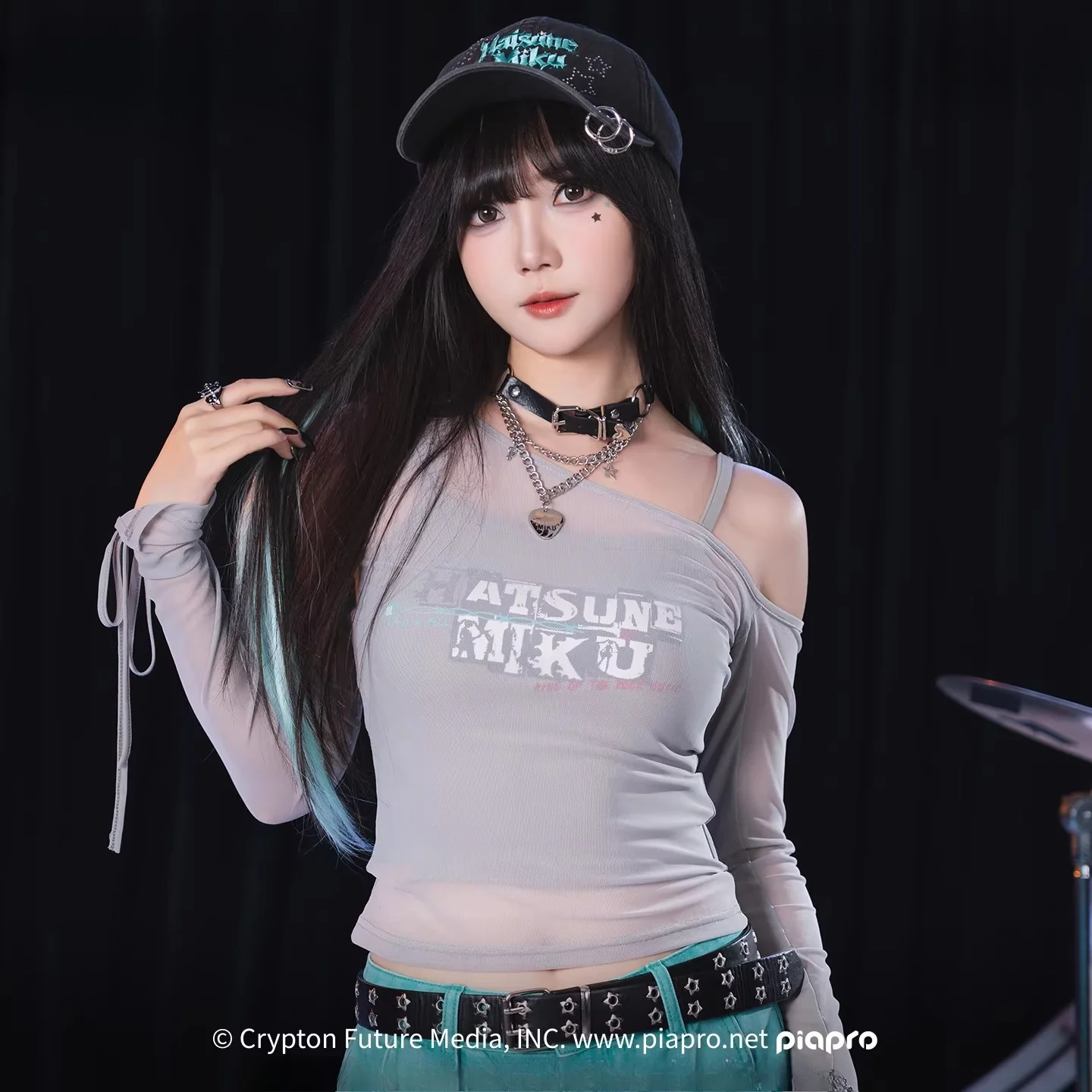 Official Hatsune Miku Rock Future Off-Shoulder Mesh Long Sleeve Top for Women, Layered Cami T-Shirt