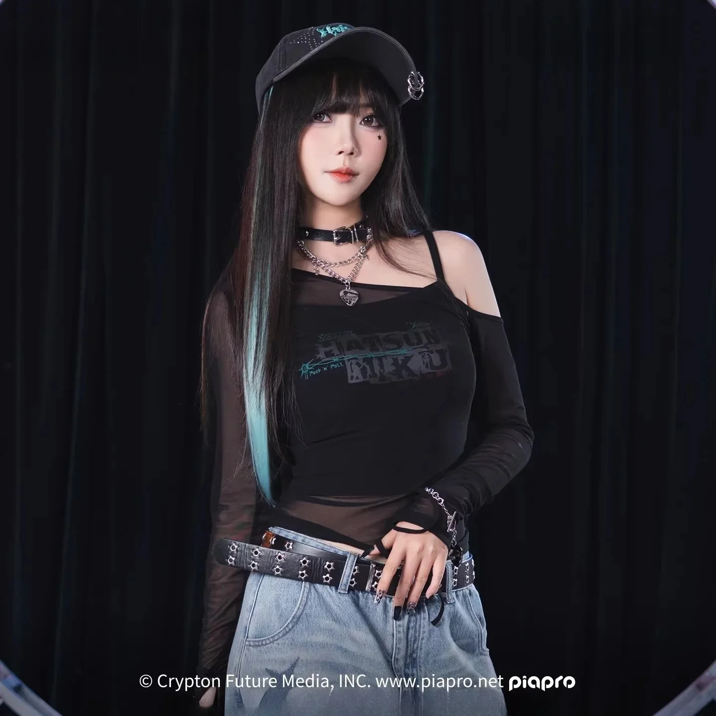 Official Hatsune Miku Rock Future Off-Shoulder Mesh Long Sleeve Top for Women, Layered Cami T-Shirt - Image 2