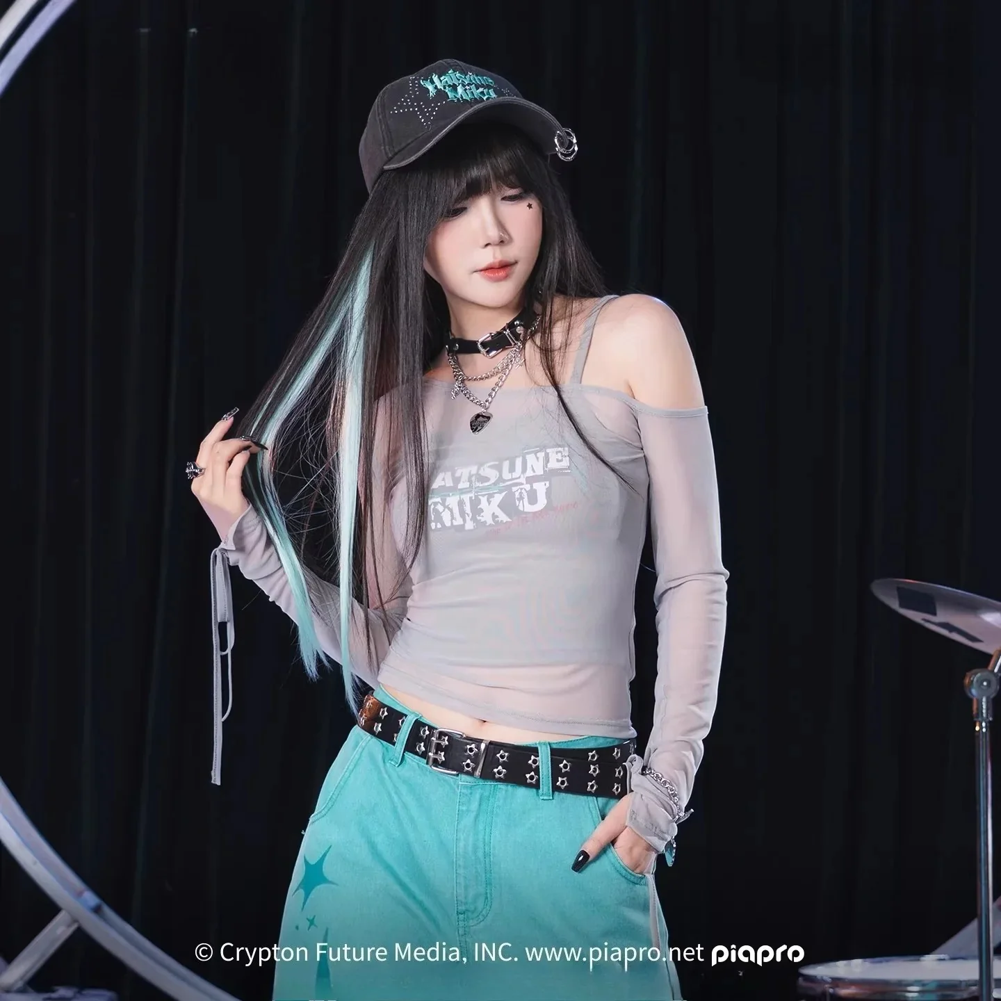 Official Hatsune Miku Rock Future Off-Shoulder Mesh Long Sleeve Top for Women, Layered Cami T-Shirt - Image 3