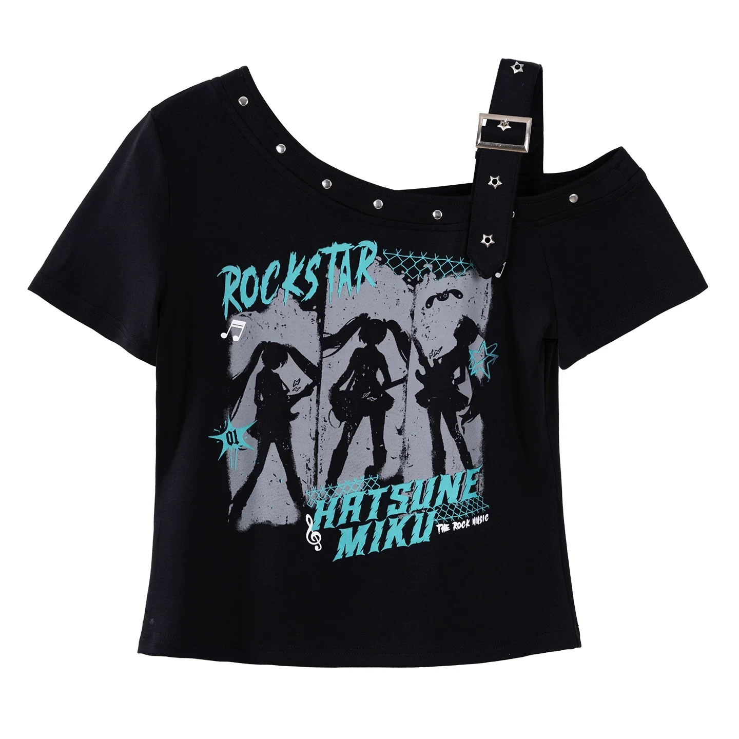 Official Hatsune Miku Rock Future Vintage One-Shoulder Cami Short Sleeve Top, Loose-Fit Summer Shirt - Image 13