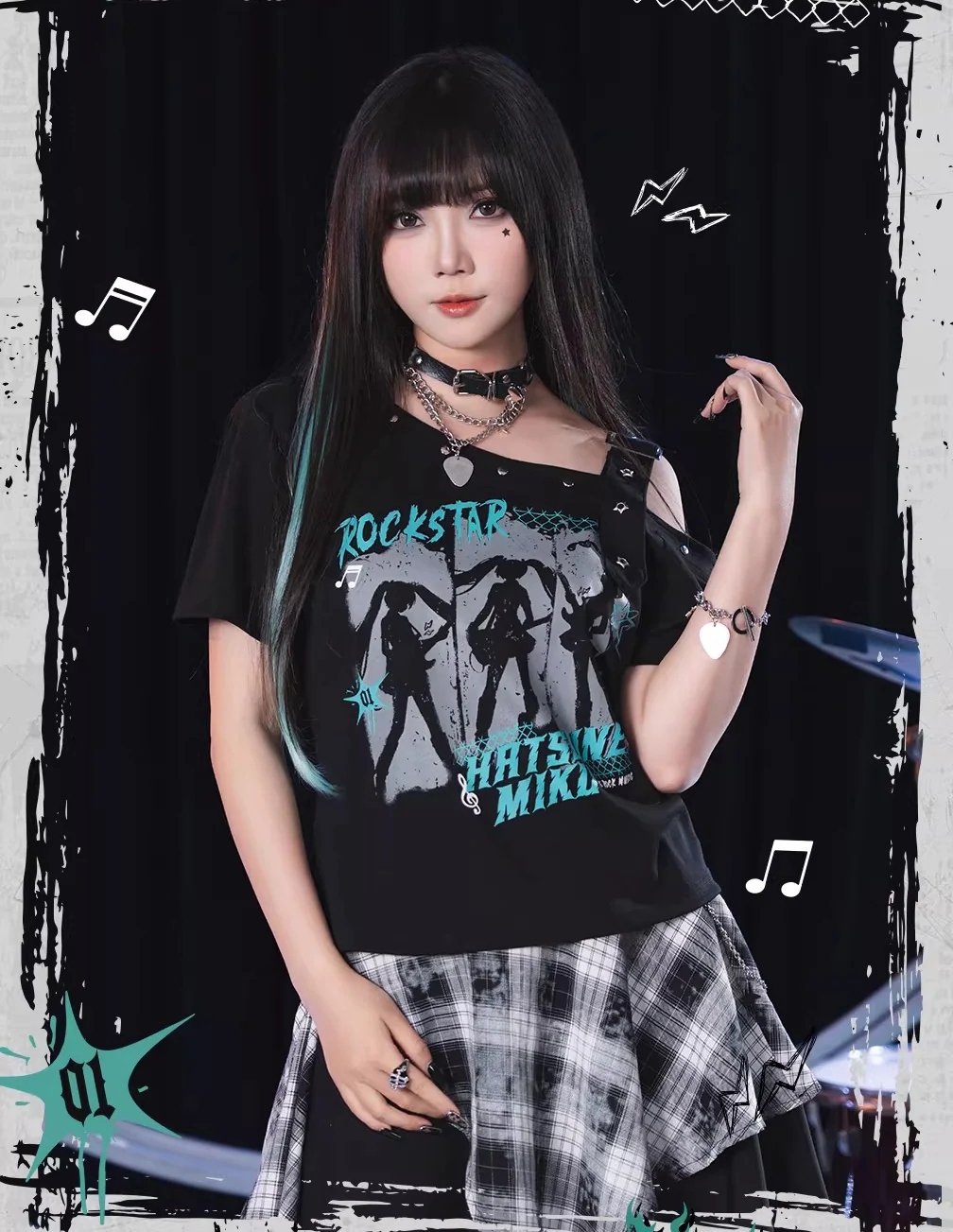 Official Hatsune Miku Rock Future Vintage One-Shoulder Cami Short Sleeve Top, Loose-Fit Summer Shirt - Image 6