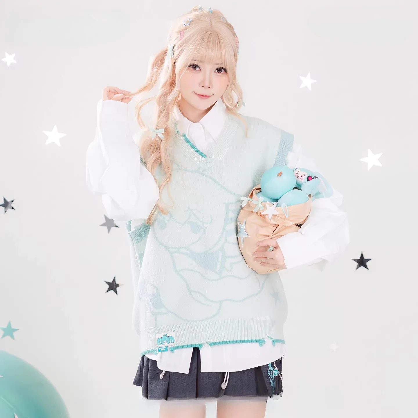 Official Hatsune Miku Y2K Ice Candy Layered Knit Sweater Vest – Oversized V-Neck Top - Image 3