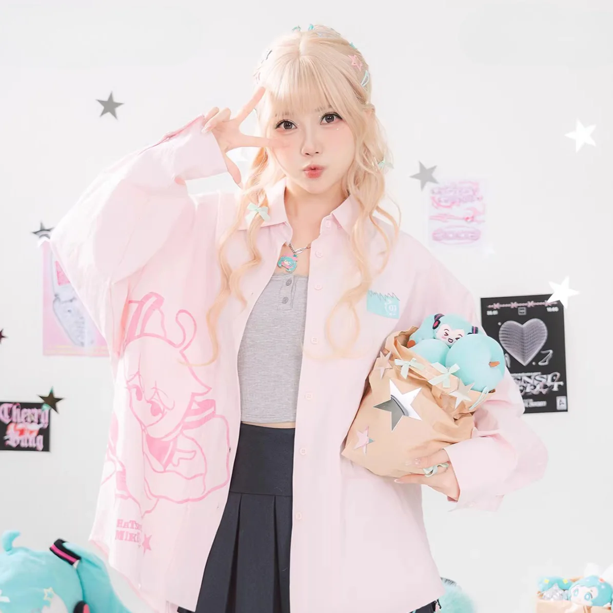 Official Hatsune Miku Y2K Ice Candy Long Sleeve Shirt – Oversized Casual Button-Up Top - Image 3
