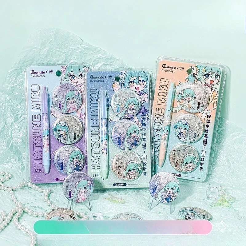 Official Licensed Hatsune Miku Black Retractable Gel Pen Set – 0.5mm, Includes 1 Pen + 3 Badge Pins